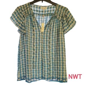 MAX STUDIO Short Sleeve Floral Geographic Print Blouse Women's XS ~ NWT